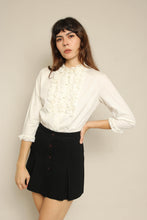 1950s White Cotton Ruffle Lace Blouse With Rhinestone Buttons