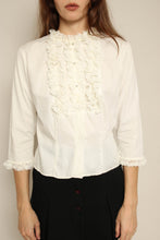1950s White Cotton Ruffle Lace Blouse With Rhinestone Buttons