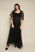 1980s Black Tulle Puff Sleeve Romantic Victorian Prairie Dress