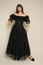 1980s Black Tulle Puff Sleeve Romantic Victorian Prairie Dress