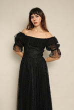 1980s Black Tulle Puff Sleeve Romantic Victorian Prairie Dress