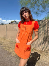 1970s Orange Puff Sleeve Elephant Print Mod Mini Dress