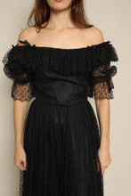 1980s Black Tulle Puff Sleeve Romantic Victorian Prairie Dress