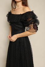 1980s Black Tulle Puff Sleeve Romantic Victorian Prairie Dress