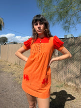 1970s Orange Puff Sleeve Elephant Print Mod Mini Dress