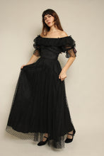 1980s Black Tulle Puff Sleeve Romantic Victorian Prairie Dress