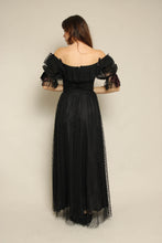 1980s Black Tulle Puff Sleeve Romantic Victorian Prairie Dress