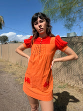 1970s Orange Puff Sleeve Elephant Print Mod Mini Dress