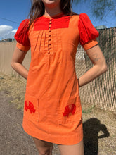 1970s Orange Puff Sleeve Elephant Print Mod Mini Dress