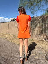 1970s Orange Puff Sleeve Elephant Print Mod Mini Dress