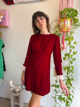 1960s Maroon Velvet Mini Dress With Ruffle Lace Sleeve Cuffs - XS/S