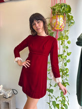 1960s Maroon Velvet Mini Dress With Ruffle Lace Sleeve Cuffs - XS/S