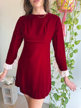 1960s Maroon Velvet Mini Dress With Ruffle Lace Sleeve Cuffs - XS/S