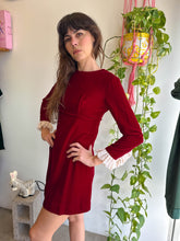 1960s Maroon Velvet Mini Dress With Ruffle Lace Sleeve Cuffs - XS/S