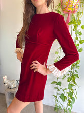 1960s Maroon Velvet Mini Dress With Ruffle Lace Sleeve Cuffs - XS/S