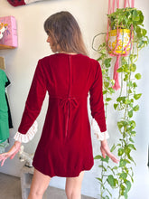 1960s Maroon Velvet Mini Dress With Ruffle Lace Sleeve Cuffs - XS/S