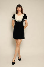 1970s Black Velvet Victorian Mini Dress With Lace Bib Collar