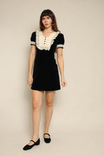 1970s Black Velvet Victorian Mini Dress With Lace Bib Collar