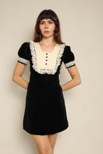 1970s Black Velvet Victorian Mini Dress With Lace Bib Collar