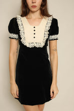 1970s Black Velvet Victorian Mini Dress With Lace Bib Collar