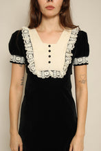 1970s Black Velvet Victorian Mini Dress With Lace Bib Collar