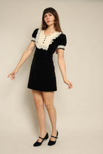 1970s Black Velvet Victorian Mini Dress With Lace Bib Collar