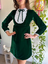 1960s Green Velvet Tuxedo Lace Collar Mini Dress - XS