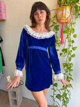 1960s Blue Velvet Babydoll Mini Dress With Flutter Lace Collar - XS