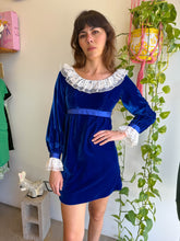 1960s Blue Velvet Babydoll Mini Dress With Flutter Lace Collar - XS