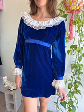 1960s Blue Velvet Babydoll Mini Dress With Flutter Lace Collar - XS