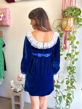 1960s Blue Velvet Babydoll Mini Dress With Flutter Lace Collar - XS