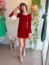 1960s Maroon Velvet Mini Dress With Bell Sleeves - XS