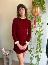 1960s Maroon Velvet Mini Dress With Bow Tie & Lace Collar - XS