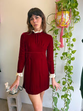 1960s Maroon Velvet Mini Dress With Bow Tie & Lace Collar - XS