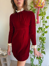 1960s Maroon Velvet Mini Dress With Bow Tie & Lace Collar - XS