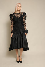 1980s Black Floral Lace & Taffeta Drop Waist Party Dress