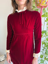 1960s Maroon Velvet Mini Dress With Bow Tie & Lace Collar - XS