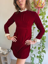 1960s Maroon Velvet Mini Dress With Bow Tie & Lace Collar - XS