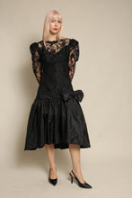 1980s Black Floral Lace & Taffeta Drop Waist Party Dress