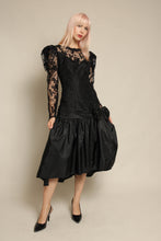 1980s Black Floral Lace & Taffeta Drop Waist Party Dress
