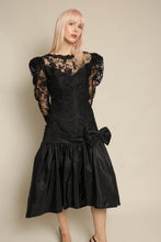 1980s Black Floral Lace & Taffeta Drop Waist Party Dress