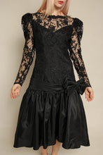 1980s Black Floral Lace & Taffeta Drop Waist Party Dress