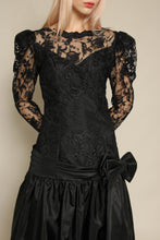 1980s Black Floral Lace & Taffeta Drop Waist Party Dress