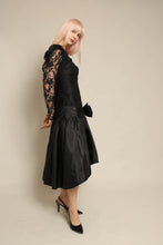 1980s Black Floral Lace & Taffeta Drop Waist Party Dress