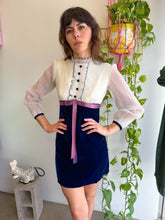 1970s Blue Velvet & Chiffon Victorian Mini Dress - XS