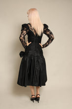 1980s Black Floral Lace & Taffeta Drop Waist Party Dress
