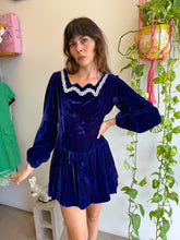 1960s Indigo Velvet Princess Mini Dress With Low Waist - M