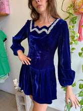 1960s Indigo Velvet Princess Mini Dress With Low Waist - M