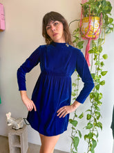 1960s Blue Velvet Mini Dress With Rhinestone Buttons - S/M