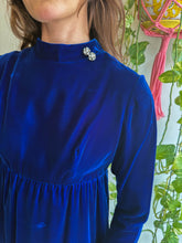 1960s Blue Velvet Mini Dress With Rhinestone Buttons - S/M
